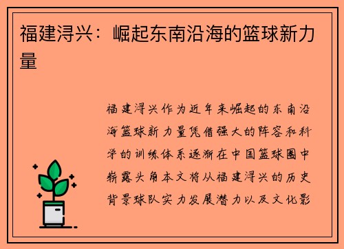 福建浔兴：崛起东南沿海的篮球新力量