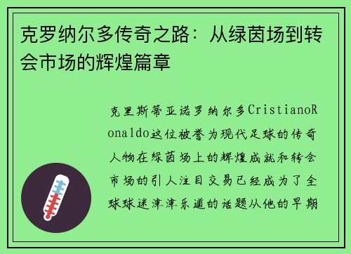 克罗纳尔多传奇之路：从绿茵场到转会市场的辉煌篇章